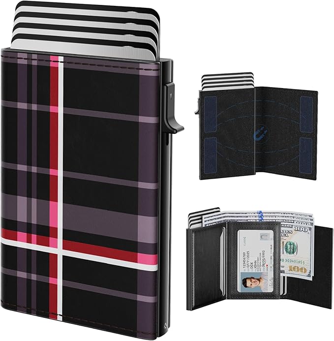 typecase Mens Wallet Card Holder: Pop Up Aluminum Case, Carbon Fiber Leather, Smart, RFID Blocking, Slim, Minimalist, Front Pocket - 9-14 Card Capacity | ID Window | Cash Slot (Plaid)