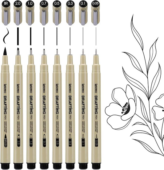 Micron 8 Counts Fineliner Pens - Archival Black Ink Pen - Assorted Points Sizes 0.05mm to 2mm Ultra Fine Tips & Brush Pens for Writing, Drawing, or Bullet Journaling (8 Point Sizes)