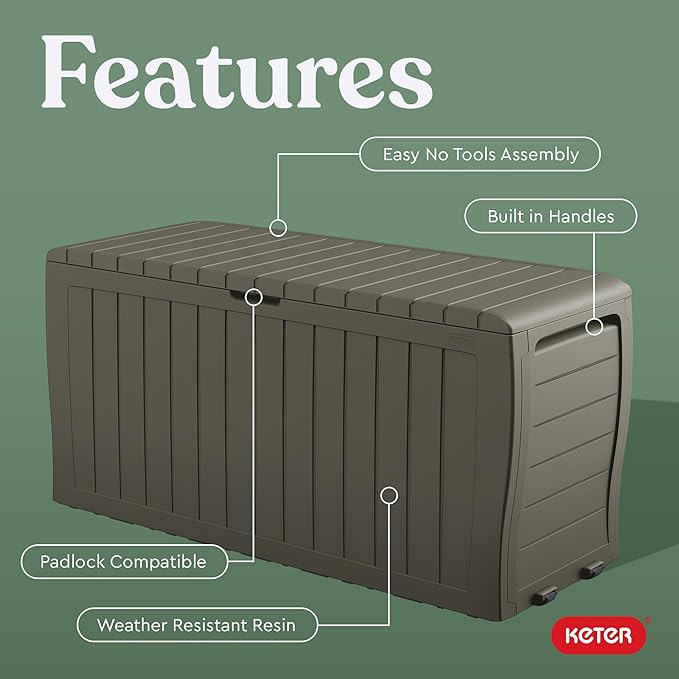 Keter Marvel Plus 71 Gallon Resin Deck Box-Organization and Storage for Patio Furniture Outdoor Cushions, Throw Pillows, Garden Tools and Pool Floats, Mossy Brown