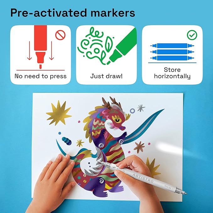 ARTISTRO 2 Gold Dual-Tip Acrylic Paint Pens - Multisurface Markers for Fabric, Plastic, & More, 1 mm Fine & Brush Tips