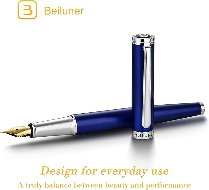 BEILUNER Luxury Fountain Pen Set,Solid 24K Gilded Fine Nib, Modern Classic Limited Edition -Includes 6 Ink Cartridges&Ink Refill Converter with Gift Case-Perfect for Men and Women（Charming blue）