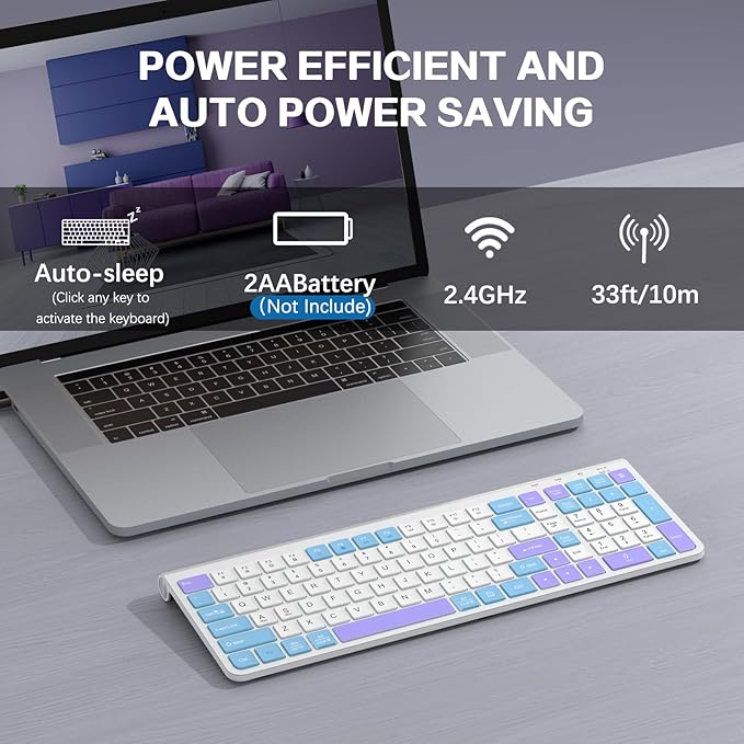Colorful Wireless Keyboard with Low-Profile Keys-Soft Touch,Cute,Quiet Design,Windows & Mac OS，Office Cordless Slient Computer Keyboard for Desktop,Laptop, PC, Mac, Windows-Purple Blue White