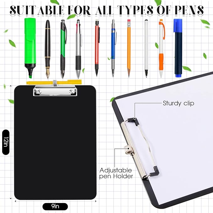 4 Pcs Metal Clipboards with Pen Holder 12 x 9 Inch Black Clip Board with Profile Clip Standard A4 Letter Size Plastic Clipboard Hanging Pen Holder Storage Clipboard for School Students Office Work