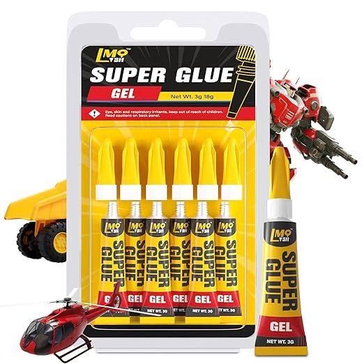Super Glue Gel 6x3g CA Glue, Clear Cyanoacrylate Adhesive Single Use for Shoe Sole Repair Ceramic Plastic Model Metal Wood Aquarium Leather Pottery Glass, Food Safe Strong and Instant Bonding