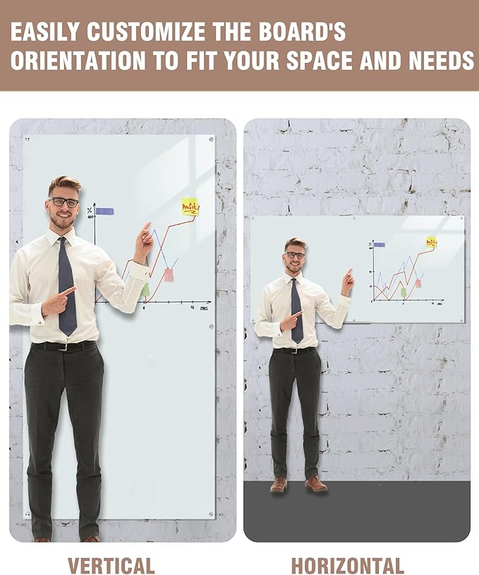 Magnetic Glass Whiteboard，96"x48" Wall Mounted Frameless Dry Erase Board for Office, Home & School White