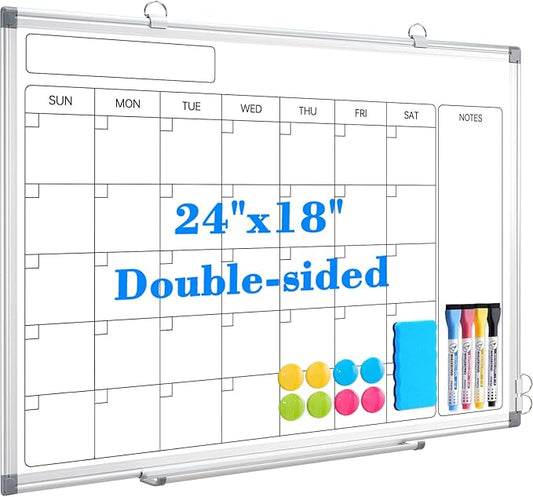 Monthly Calendar Dry Erase Whiteboard for Wall, 24" x 18" Magnetic Calendar White Board, Double-Sided Portable Board for Office, Kitchen, School, Home