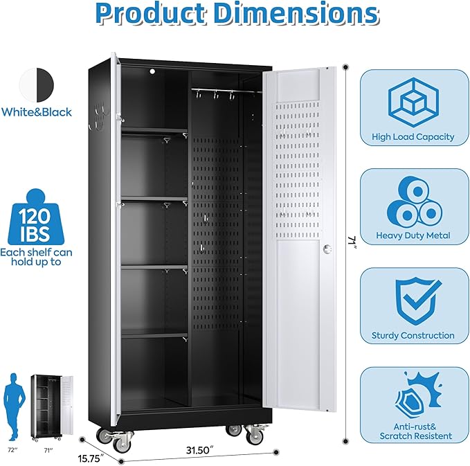 Garage Storage Cabinet with Wheels, Metal Tool Cabinet with Pegboards and 4 Adjustable Shelves, Garage Storage System with Lockable Door for Shools, Offices, Gyms and Pantries, Black and White
