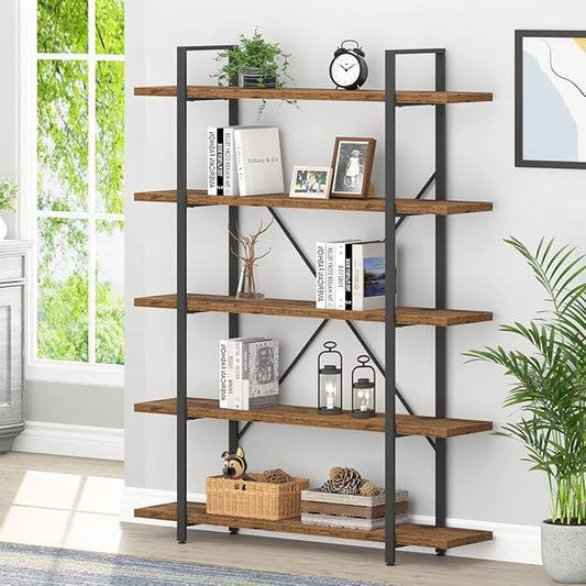HSH Rustic Bookcases and Book Shelves 5 Shelf, Metal Wood 5 Tier Bookshelf and Storage Book Rack, Vintage Large Book Shelf for Bedroom Living Room Office,Open Vertical Display Etagere Book Case, Brown