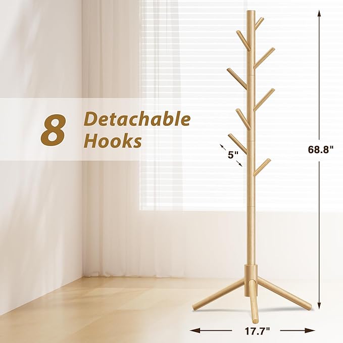 Wooden Coat Rack, Free Standing Coat Rack with 8 Hooks 3 Adjustable Heights for Clothes, Hats, Handbags, Coat Tree Easy Assembly for Entryway, Bedroom, Hallway, Office (New Nature)