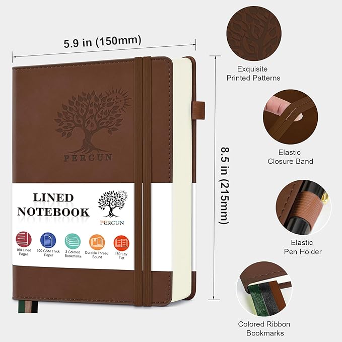 PERCUN Lined Journal Notebook for Men & Women, 160 Pages College Ruled Journal for Writing, A5 Hardcover Leather Notebooks for Work, School, Business, Travel, Daily Diary 5.9" x 8.5" - Brown