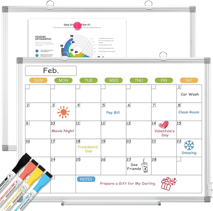 Monthly Calendar Dry Erase Whiteboard for Wall, 36" x 24" Magnetic Dry Erase Board, Hanging Double-Sided White Board, Portable Board for School, Planning, Memo, Home, Office, 2025 Calendar