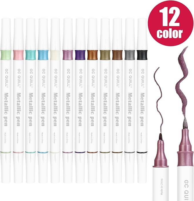 GC QUILL 12 Colors Metallic Marker Pens - Dual Tip Brush and Fine Point Pens for DIY Album, Black Cards, Scrapbooking, Craft Supplies, on Ceramic, Stone, Glass, Fabric GC-MP12