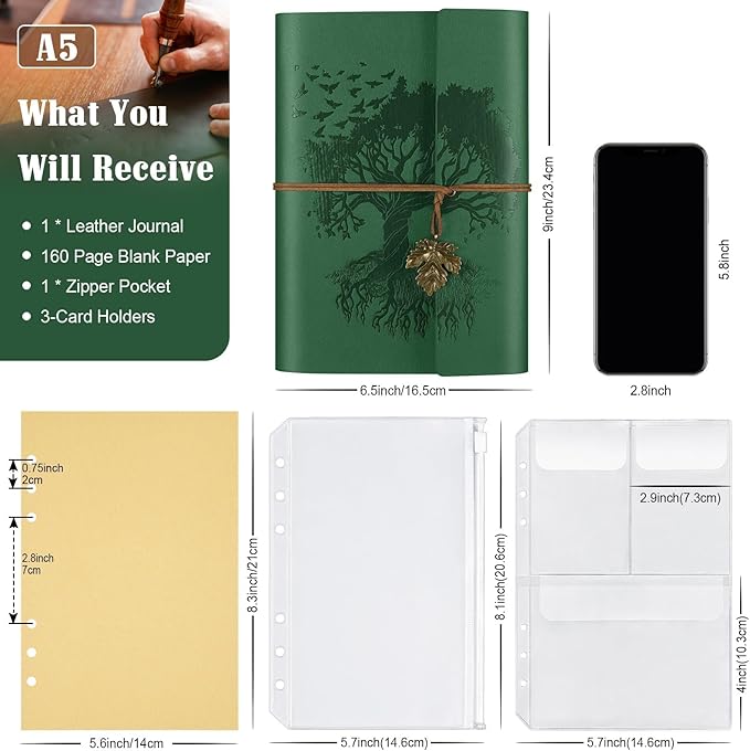 Leather Journal Notebook, Travel Journal with 2 Pockets, Vintage Refillable Journal for Writing, Diary Journal for Women, Men, Girls and Boys, 100GSM Blank Paper, 160 Pages (Green A5 9.2" x 6.5")