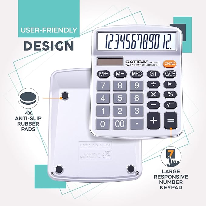 CATIGA 12 Digits Desktop Calculator with Large LCD Display, Dual Solar Power and Battery, Standard Function for Office, Home, School, CD-2786