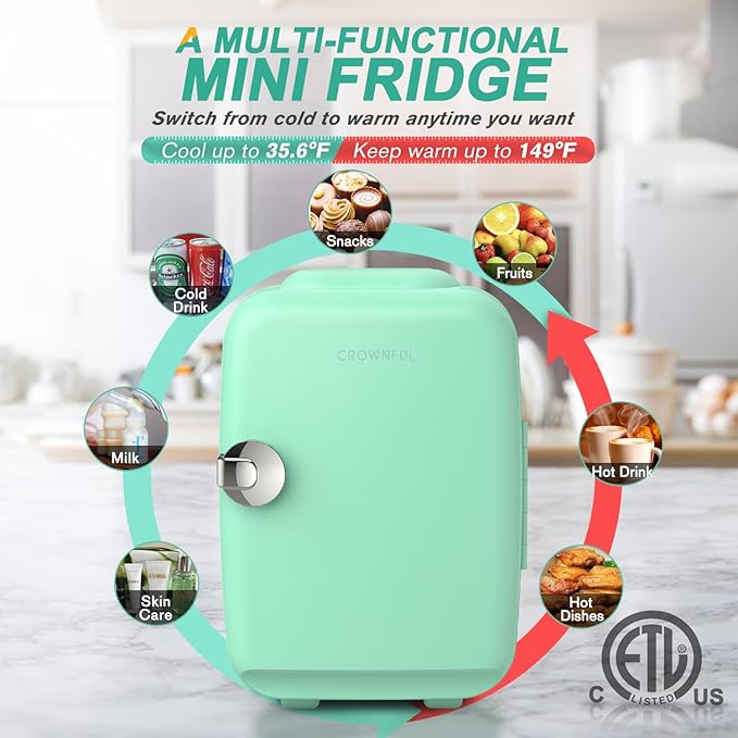 CROWNFUL Mini Fridge, 4 Liter/6 Can Portable Cooler and Warmer Personal Refrigerator for Skin Care, Cosmetics, Beverage, Food,Great for Bedroom, Office, Car, Dorm, ETL Listed (Green)