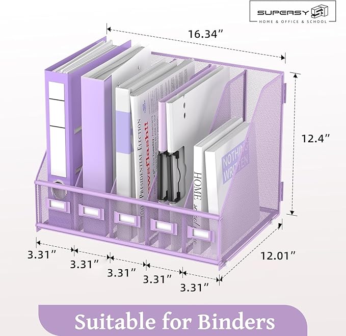 SUPEASY Desk Organizers Metal Desk Magazine File Holder with 5 Vertical Compartments Rack File Organizer for Office Desktop, Home Workspace, Purple Plus