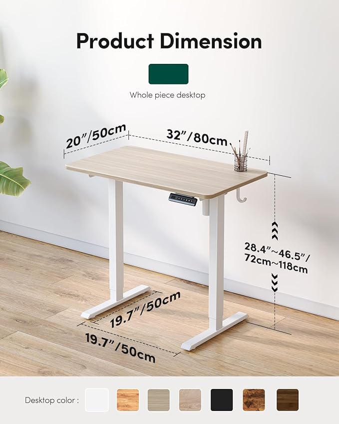 FEZIBO One-Piece Standing Desk Adjustable Height Stand up Home Office Desk, 32x24 Inch Electric Standing Computer Desk, with 4 Memory Presets, Fixable casters, Light Rustic