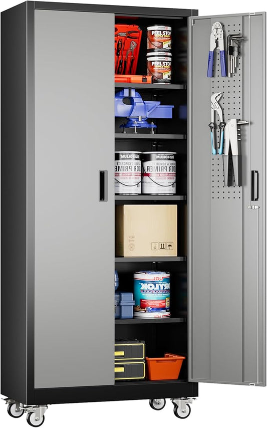 Aobabo Upgraded Garage Storage Cabinets with Wheels,Metal Storage Cabinets with 5 Adjustable Shelves for Garage Home Office Storage, Black&Dark Grey,71''H*32''W*16''D,Assembly Required