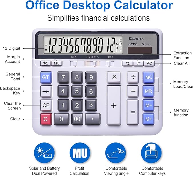 Comix Desktop Calculator Solar Battery Dual Power with 12-Digit Large LCD Display and Large Computer Keys Standard Function Calculator for Home Office School, White