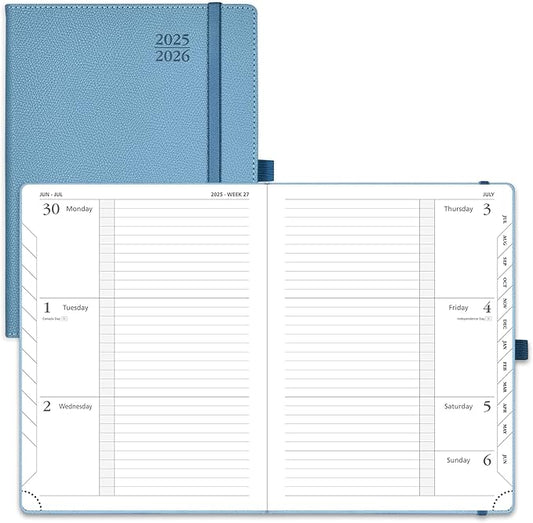 POPRUN Planner 2025-2026 (Medium 6.75''x 8.75''), Horizontal Weekly Notebook Jul.2025 - Jun.2026, Academic Appointment Book with Monthly Tabs, Leather Hardcover, Inner Pocket, 100 GSM - Aquamarine