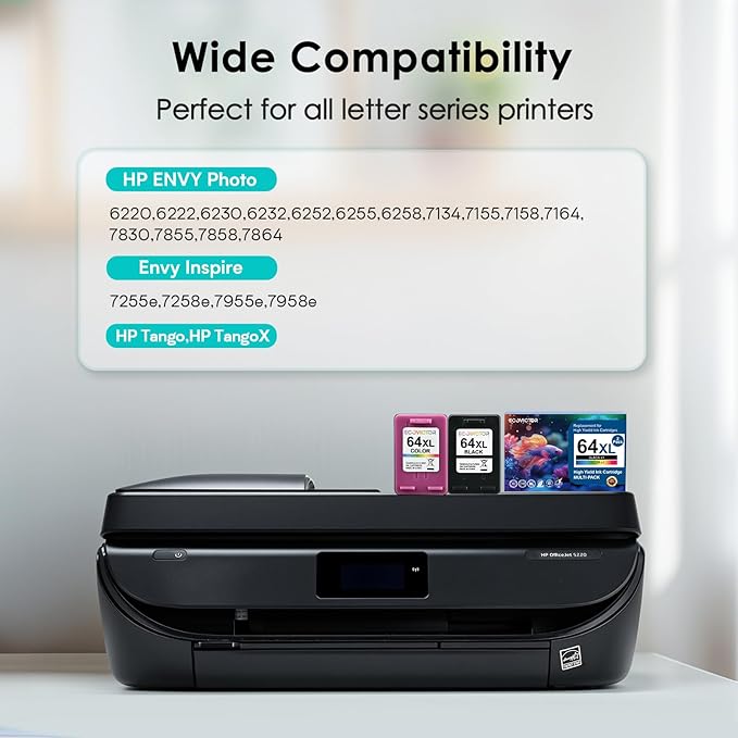 Remanufactured 64XL Ink Cartridges Black/Color Replacement for HP 64XL Ink Cartridge Combo Pack HP Ink 64 for Envy 7855 7858 7155 7800 6252 6255 7100 7164 7200e 7955e 7900e Tango X Printer