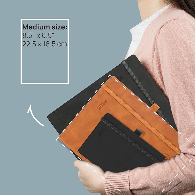 POPRUN Weekly Planner 2026 (Medium 6.5" x 8.5") Calendar 12 Months Notebook with Horizontal Layout, Leather Soft Cover, Monthly Tabs, Inner Pocket, 100GSM Thick Paper, Pen Holder - Lilac