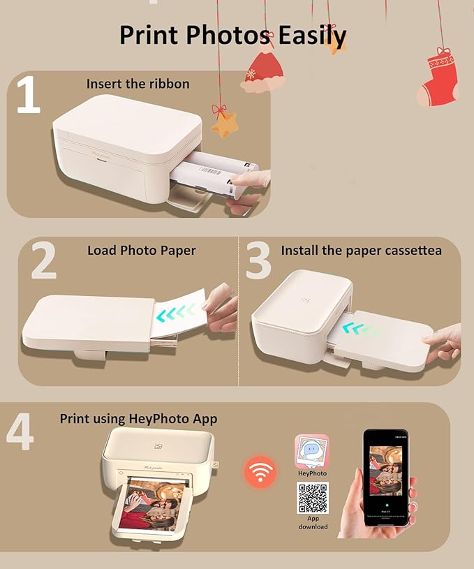 CP4100 4x6 Photo Printer with 108 Sheets & 2 Ribbons, Full-Color Thermal Dye Sublimation Wi-Fi Printing, Portable Instant Picture Printer for iPhone/Android, AR Video, Fun App, Home Use, Beige