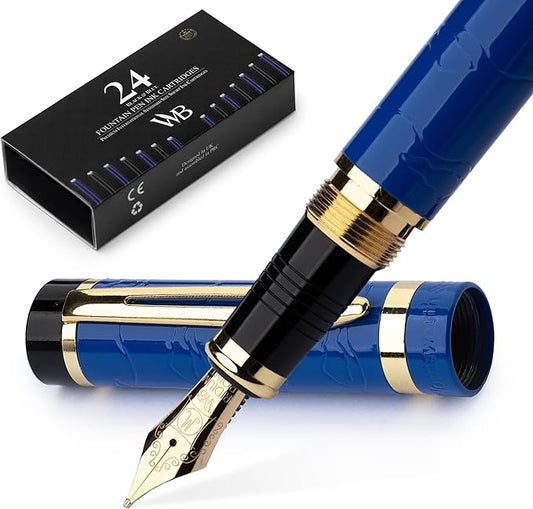 Wordsworth & Black Primori Fountain Pen Set - Blue Gold, Medium Nib, Gift Case, 24 Ink Cartridges, Refill Converter, Manual, Smooth Writing, Left & Right Handed
