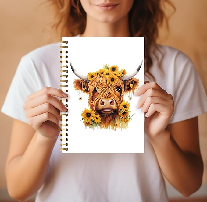 Sunflower Highland Cow Notebook - Western Notebook, Cow Notebook, Highland Cow Office Supplies, Highland Cow Gifts, Cow Stuff, Farmhouse Highland Cows Spiral Notebook 5.5x8.3