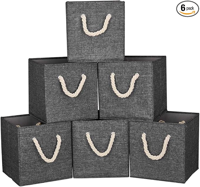 10.5 Inch Fabric Storage Boxes Bins and Cubes - Foldable Storage Basket with Grey Inserts, Package of 6