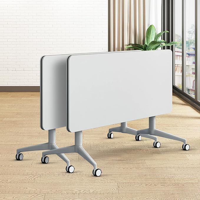 Folding Conference Table, Modern Large Conference Room Tables with Flip-Top Design, Foldable Conference Table Meeting Table with Wheels, Mobile Seminar Training Tables for Office Classroom (2, White)