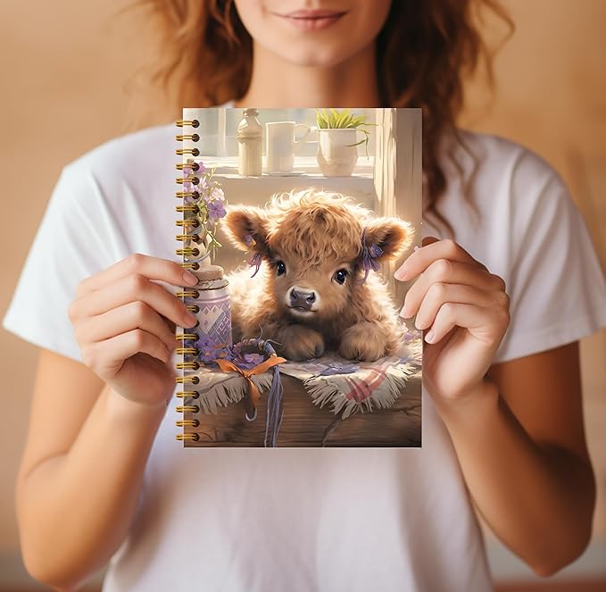 Floral Highland Cow Notebook - Western Cow Notebook, Highland Cow Office Supplies, Highland Cow Gifts, Cow Lover Gifts, Cute Cow Stuff, Cute Highland Cow with Lavender Spiral Notebook 5.5x8.3