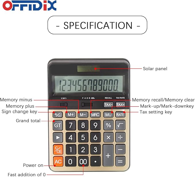 OFFIDIX Desktop Calculator with Large 12 Digit LCD Display, Solar Battery Dual Power, Perfect for Office, Home, School