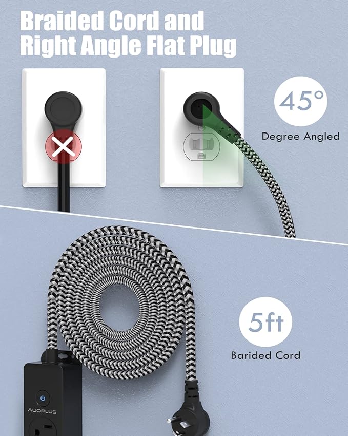 Surge Protector Power Strip with USB C Ports, 5FT Braided Extension Cord, 5 Outlets and 3 USB Ports(1 USB C), AUOPLUS Mountable Power Strips Flat Plug with Overload Protection