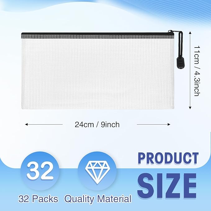 Jetec 32 Pcs Mesh Zipper Bags Toy Storage Bikini Organizer Bag Bolsas Para Guardar Trajes De Baño Waterproof Zipper Reusable Pouch Puzzle Multipurpose for Storage Office(Black,9.5 x 4.5 Inch)