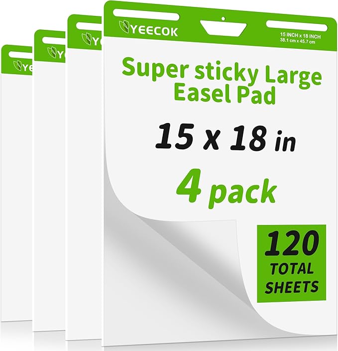 Self-Stick Mini Easel Pad 15 in x 18 in, 30 Sheets/Pad, 4 Pads/Pack, Sticky Flip Chart Paper for Teachers, Super Sticking Power & Bleed-Resistant