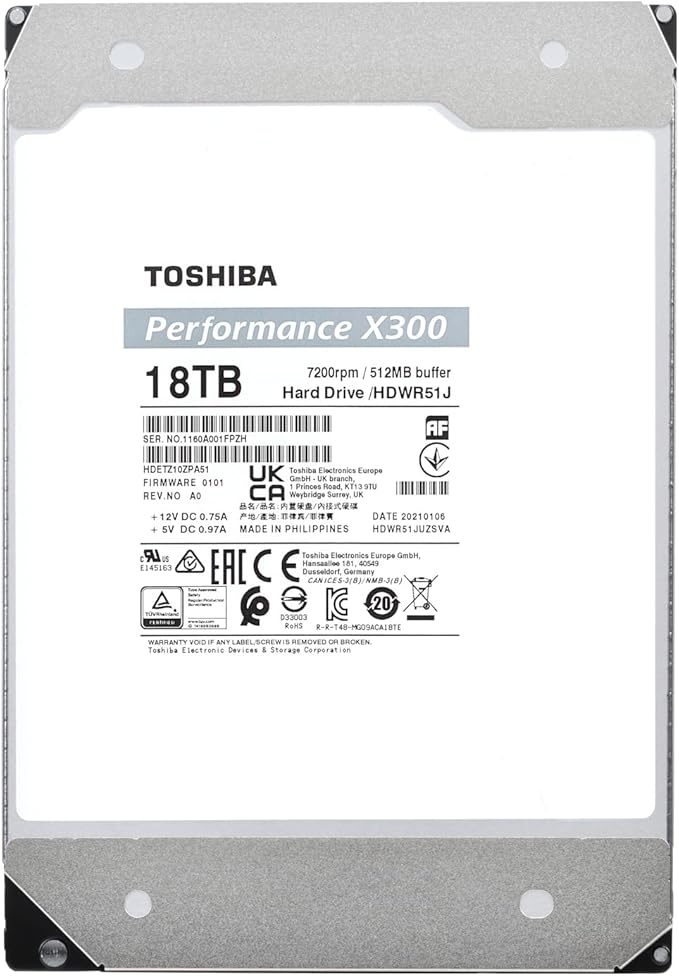 Toshiba X300 18TB Performance & Gaming 3.5-Inch Internal Hard Drive - CMR SATA 6 Gb/s 7200 RPM 512 MB Cache - HDWR51JXZSTA