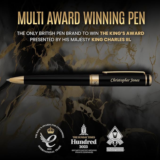 Scriveiner Personalized Black Ballpoint Pen - Stunning Luxury Pen, Jet Black Lacquer, Real Gold Plating, Schmidt Ink Refill, Best Engraved Ball Point Gift Set for Men & Women, Custom Name Engraving