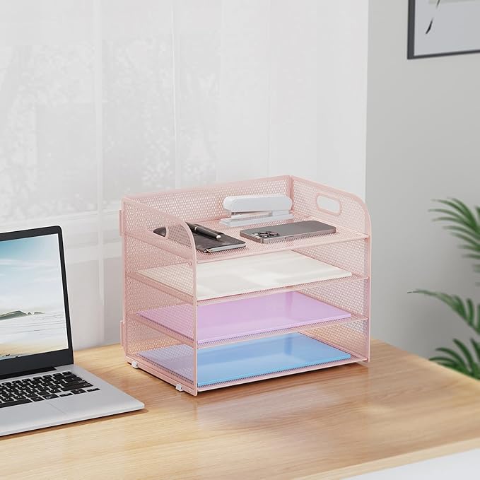 Marbrasse 4 Tier Paper Organizer Letter Tray - Mesh Desk File Organizer with Handle, Paper Sorter Organizer for Letter/A4 Office File Folder Holder (Pink, 12.6" x 9.1" x 10.7")