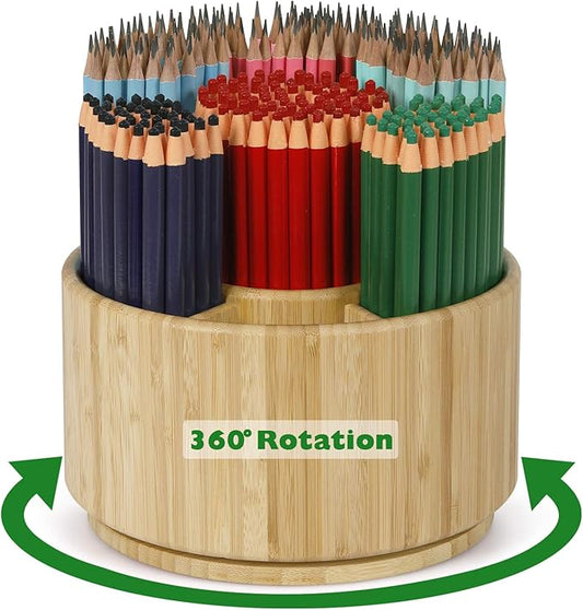 Bamboo Rotating Pencil Holder for Desk - Pen Holder Desk Organizer with 7 Compartments, Office Supplies Desktop Storage Caddy for Colored Pencils, Markers, Crayon, Comestics and Cutlery etc.