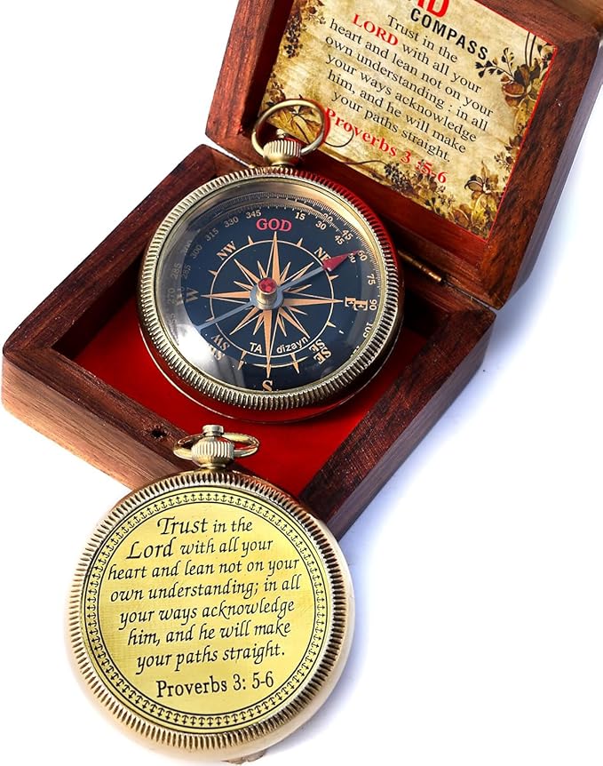 Trust in The Lord With All Your Heart - Proverbs 3:5-6 Quote Engraved Compass With Wooden Box, Greeting Card, Gift Compass, Graduation Day Gifts 2024 for Women Men Boys Girls