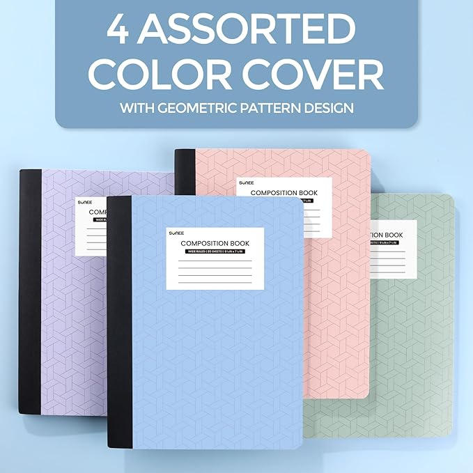SUNEE Composition Notebooks - Wide Ruled Paper, 4 Pack Composition Book, 9 3/4" x 7 1/2", 80 Sheets/160 Pages, Assorted Colors, School & Office Supplies