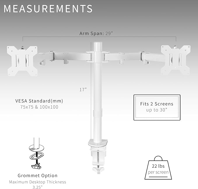 VIVO White Dual 13 to 27 inch LCD LED Monitor Desk Mount Stand with C-clamp and Bolt-Through Grommet, Heavy Duty Fully Adjustable Arms for 2 Screens STAND-V002W