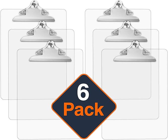 Plastic Transparent Clipboards (Set of 6) Multi Pack Clipboard | Strong 12.5 x 9 Inch | Holds 100 Sheets! Acrylic Clipboards with Big Clips | School Supplies for Kids, Teachers, College Students