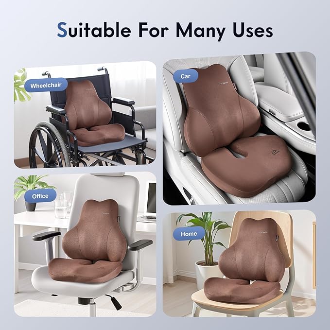 Coverado Memory Foam Car Seat Cushion and Lumbar Support Pillow for Car, Ergonomic Office Chair Cushion for Lower Back Pain Relief, Breathable & Non-Slip for Car, Home, and Office Use, Coffee