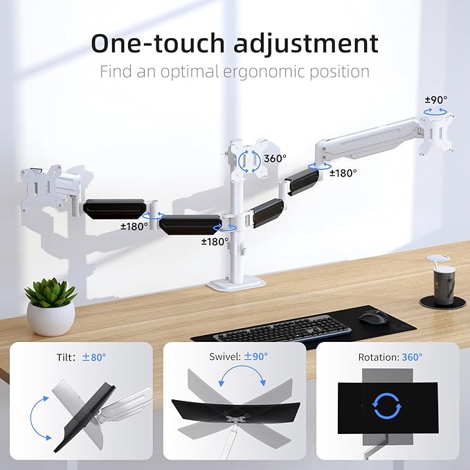 suptek Triple Monitor Mount for Most 17 to 32 inch Screens,Gas Springs Adjustment Triple Monitor Desk Mount Stand with Clamp & Grommet Kit,White(MD8003W)