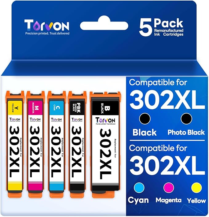 Remanufactured Ink Cartridge Replacement for Epson 302XL Ink Cartridges Multipack 302 XL T302 T302XL Compatible with Epson XP-6100 XP6100 XP-6000 XP6000 Printer(5 Pack, PBK/BK/C/M/Y)