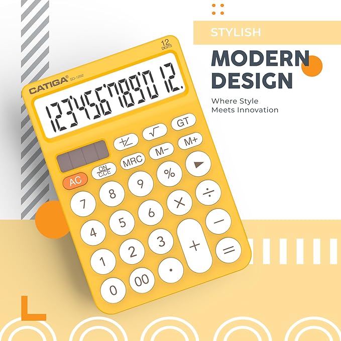 CATIGA 12 Digit Desktop Calculator Basic Desk Calculator with Large LCD Display, Big Buttons, 4 Function, Solar and Battery Dual Power, for Office, School, Home, SD-1292 Yellow