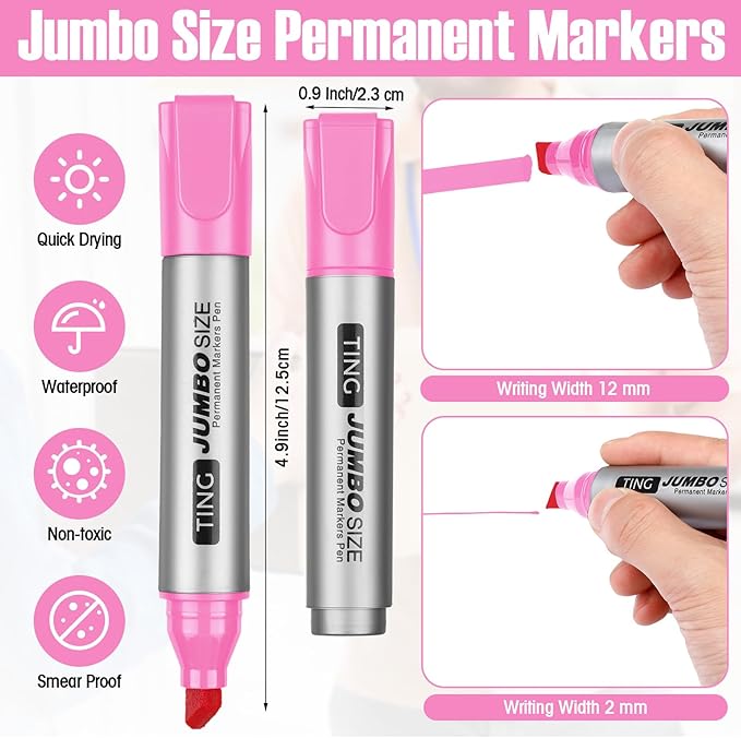 Fuutreo 10 Pack Jumbo Permanent Markers Bulk Large Chisel Tip Permanent Markers Quick Drying Waterproof Big Huge Poster Pens for Office, Logistics Company and More(Pink)