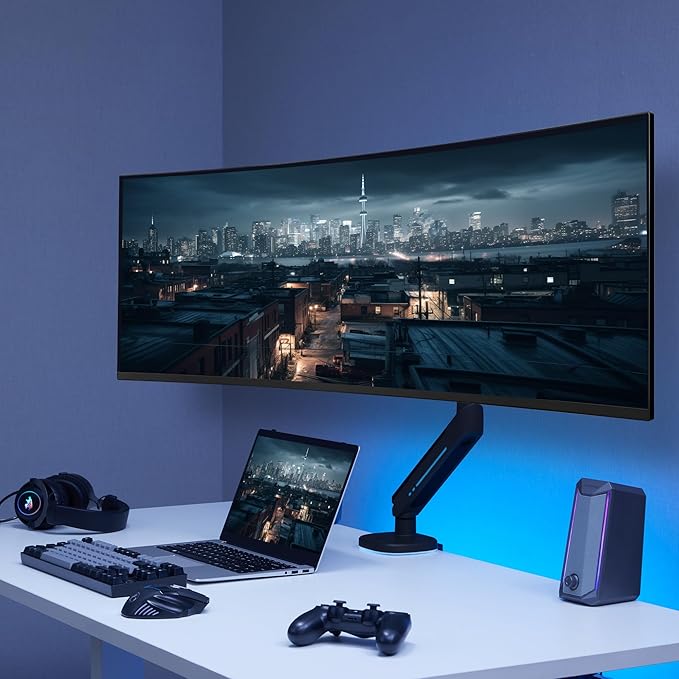 AVLT Single 27”-45” RGB Gaming Monitor Arm Desk Mount Built-in 20 Lighting Modes Touch Button Control Fits Flat/Curved/Ultrawide Screen Height Swivel Tilt Rotation Adjustable Stand -Black